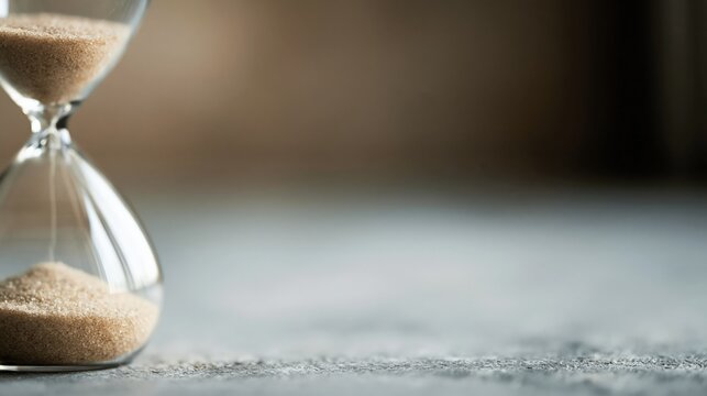 Close-up of an hourglass with flowing sand, symbolizing the passage of time and the concept of deadlines