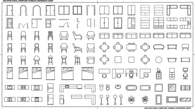 Architectural furniture symbols reference sheet top view line icon mega pack with door window sofa bed desk blueprint vectors