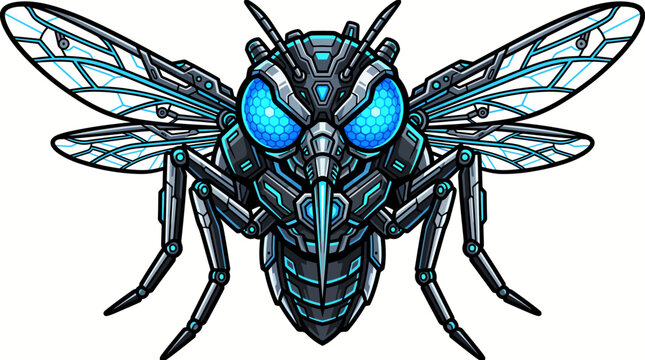 Futuristic mechanical mosquito with glowing blue neon accents