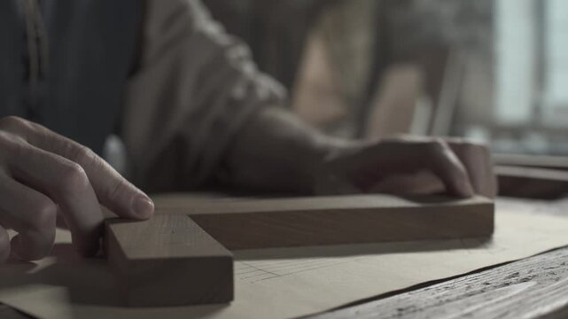 Close up of medieval craftsman hands verifying geometric lines on parchment paper with a wooden square ruler inside a master workshop
