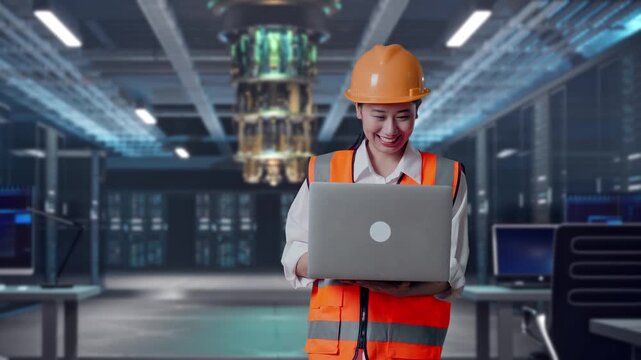 Asian Female Engineer With Safety Helmet Working On A Laptop While Standing at Futuristic Quantum Computer Data Center Control Room