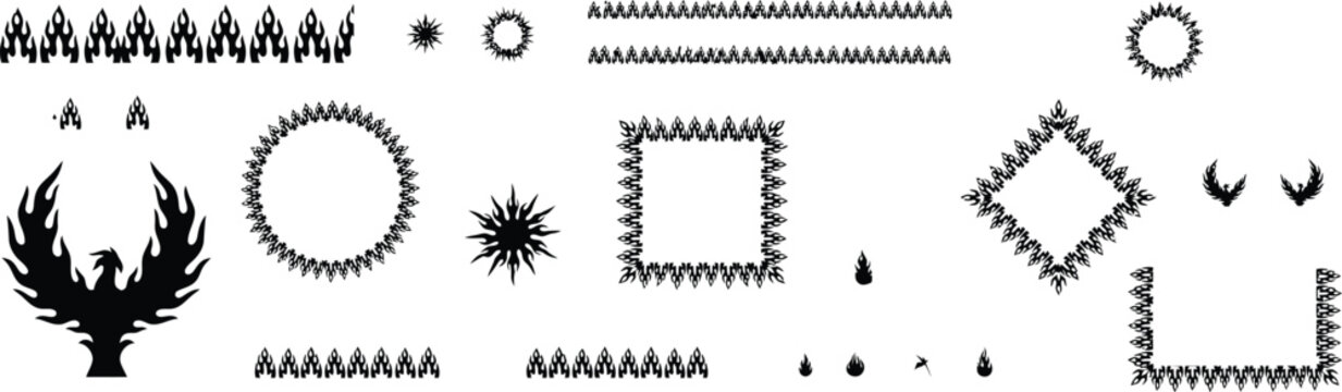 Black silhouette phoenix bird flames borders and decorative phoenix bird silhouette