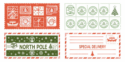 Fototapeta premium vintage style christmas postage stamps and postcard with festive designs holiday theme seasonal art retro graphics stamp