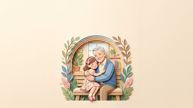 A heartwarming illustration captures a tender moment between a grandfather and his granddaughter, their embrace radiating love and connection.
