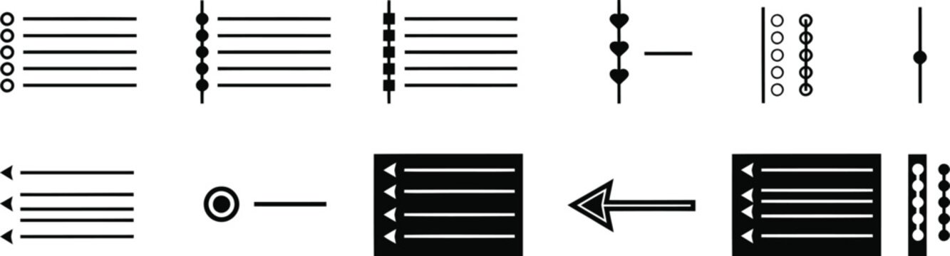 Collection of black and white list and arrow with various bullet points