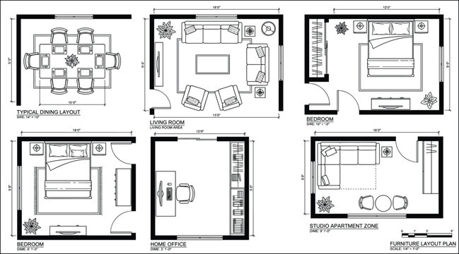 Architectural furniture layout plan set with living room bedroom home office studio apartment zone top view blueprint vectors