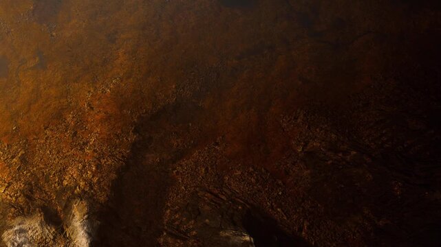 A surface with rust color shows dark patterns under low light. The texture appears rough and uneven. Light reflects slightly, enhancing the details of the surface.