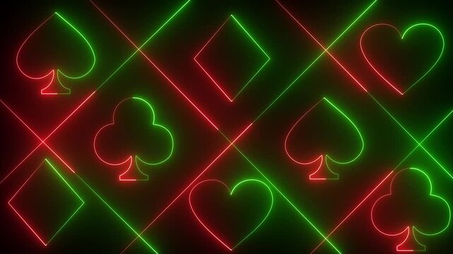 Neon casino playing cards symbols pattern with hearts clubs diamonds and spades glowing red and green on black background casino gambling abstract animation 4k 
