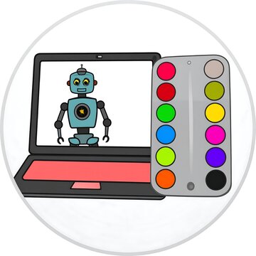 Digital Illustration of a Robot Being Colored on a Laptop with a Watercolor Paint Palette.