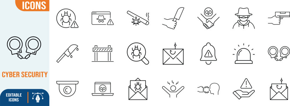 Crime and cyber security vector icons. bug icon set, handcuffs icon set, knife icon set
