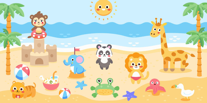 Cartoon Illustration Of Beach Scene With Animals And Sandcastle