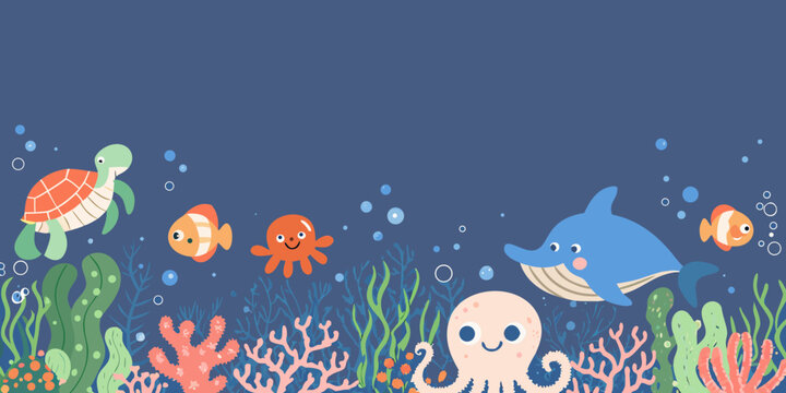 Underwater scene with marine life a colorful vector illustration