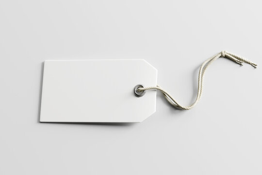 White hang tag mockup with twine string, blank cardboard price tag or gift tag template isolated on light gray background, minimalist horizontal clothing label for fashion branding, 3d render