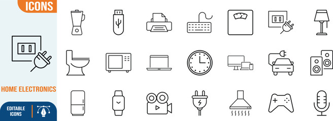 Household appliances electronics technology vector icons. laptop icon set, microwave icon set, refrigerator icon set © Mehedul