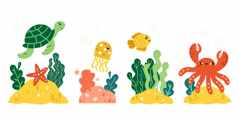 Marine Life Illustration Turtle Jellyfish Fish And Crab Scene © Nasir