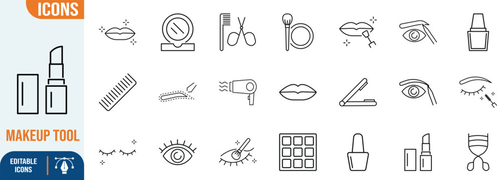 Makeup and beauty outline vector icons. lipstick icon set, nail polish icon set, compact icon set