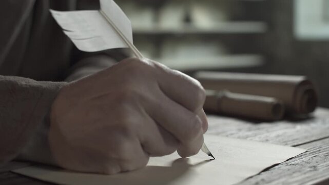 Close up of medieval monk hand writing the first calligraphy letter on a parchment page with a quill pen, with scrolls in the background, inside a dark scriptorium