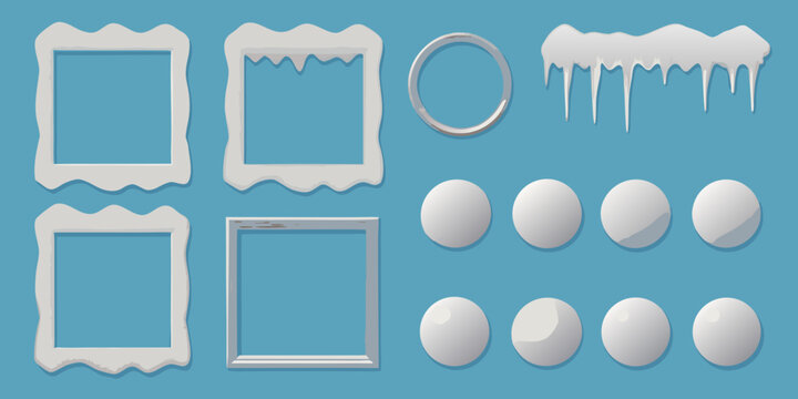 Snow covered frames circles and icicles vector illustration on teal background