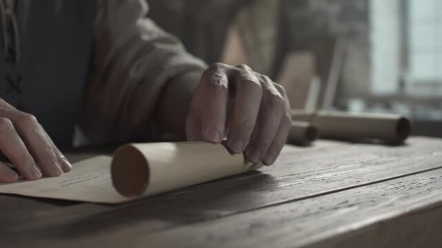 Hands of a medieval scholar unrolling a parchment scroll with handwritten latin text on a rustic wooden table inside a craftsman workshop