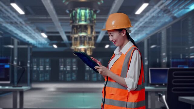 Side View Of Asian Female Engineer With Safety Helmet Looking At The Tablet In Her Hand And Looking Around While Standing at Futuristic Quantum Computer Data Center Control Room