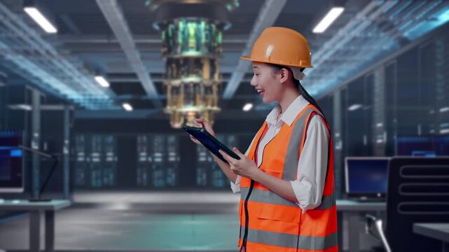 Side View Of Asian Female Engineer With Safety Helmet Taking Note On The Tablet And Looking Around While Standing at Futuristic Quantum Computer Data Center Control Room