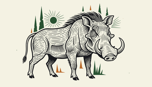 Stylized engraving of a powerful wild boar with large tusks standing in a landscape with pine trees and a shining sun.