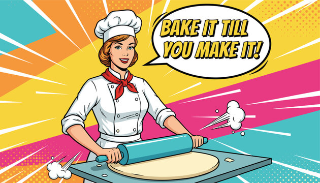 Pop art style illustration of a confident female chef rolling out dough with a rolling pin and a speech bubble saying bake it till you make it.