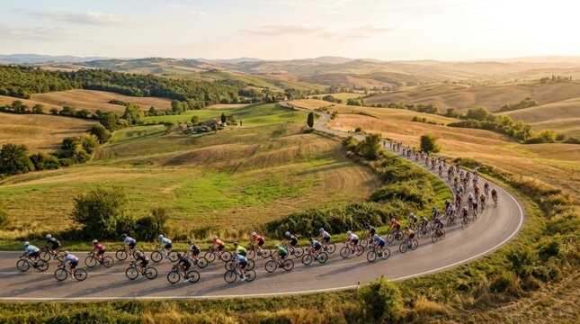 Touring cyclists race along a winding road through rolling Tuscan hills at sunset