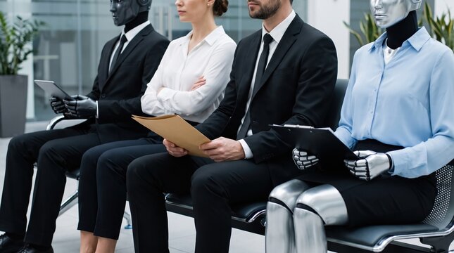 Robot human waiting area office interview seated business technology clipboard tablet calm professional mood during hiring process in modern lobby with mixed staff on chair