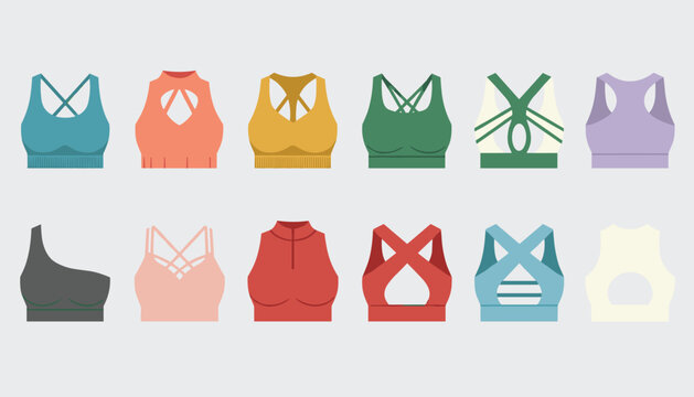 Modern collection of women's sports bras in diverse colors and back strap designs isolated on a light gray background.