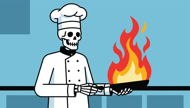 Comical illustration of a skeleton chef wearing a professional uniform and toque cooking food in a pan with high orange and yellow flames.