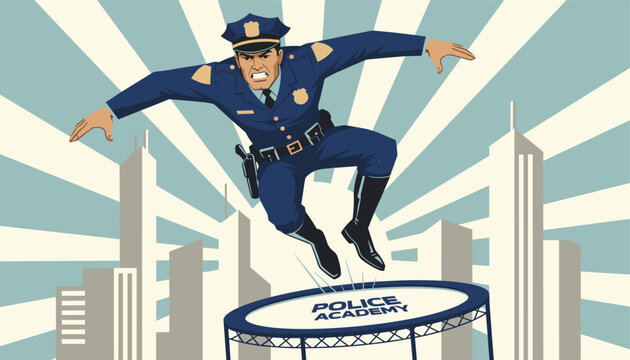 Energetic police officer jumps high from trampoline with city skyline in background and sunburst effect in comic book art style.