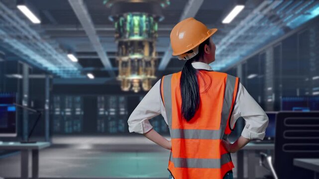 Back View Of A Female Engineer Wearing Safety Helmet Looking Around While Standing With Arms Akimbo at Futuristic Quantum Computer Data Center Control Room