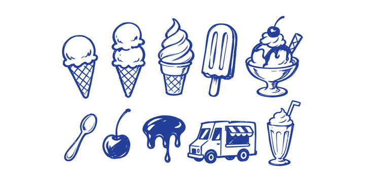 ice cream collection and hand drawn sweet summer dessert popsicle sundae truck milkshake doodle icon set vector illustration