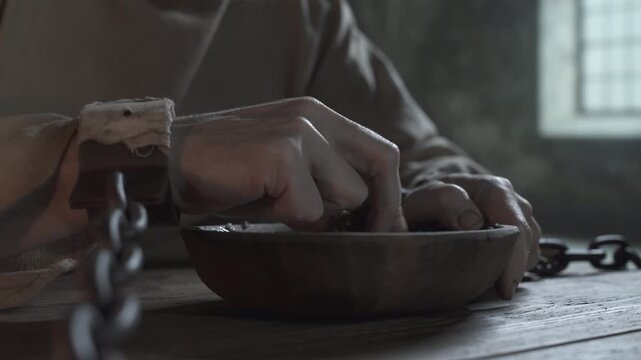 Medieval prisoner locked in iron shackles wiping remaining porridge from a wooden bowl with a bread chunk on a rustic table inside a gloomy dungeon