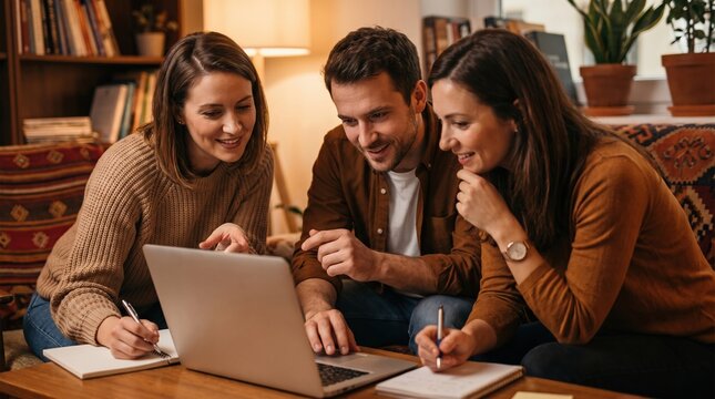 Colleague brainstorming laptop teamwork home living room planning meeting, young adult group smiling while sharing idea, writing note, studying project together on cozy sofa
