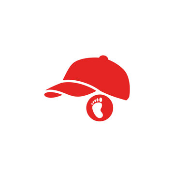 Red baseball cap with baby footprint logo design.