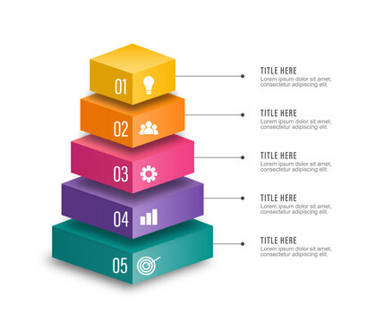 3D Stacking Pyramid Chart Pack &ndash; Modern 5 Steps Funnel Flow Diagram Vector