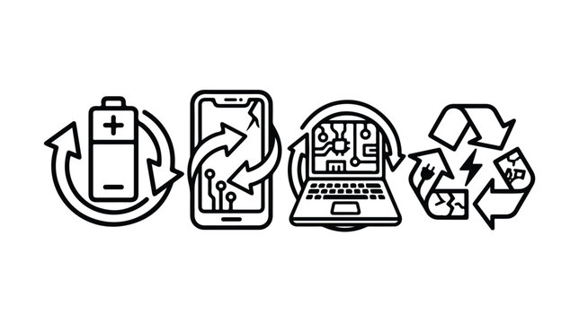 Electronic waste recycling icons set, e-waste management symbols for battery and smartphone disposal, sustainable technology circular economy vector