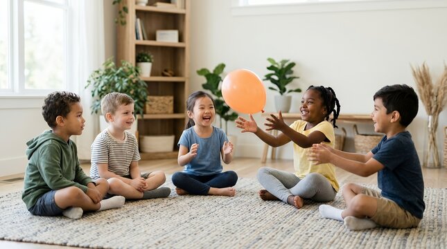 Diverse group of happy children playing with an orange balloon in a bright room.