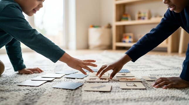 Young students actively participating in a classroom memory card game, encouraging collaboration, critical thinking, and engaging educational play.
