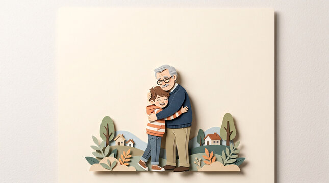 An elderly man and a young boy share a warm embrace in a charming, handcrafted diorama, evoking a timeless bond between generations amidst a stylized, idyllic landscape.