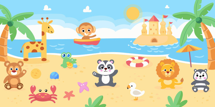 Beach Scene With Animals A Colorful Vector Illustration