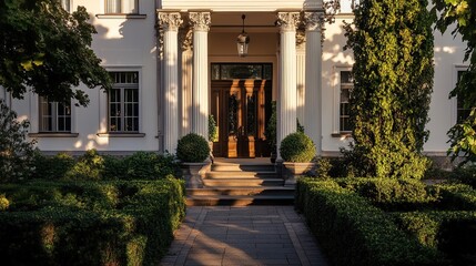 Obraz premium hedges. Classic house entrance with symmetrical columns and hedges, bathed in warm golden hour light. real-estate listings.