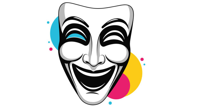 Dramatic comedy mask illustration featuring a wide smile and expressive eyes against a vibrant multicolored circular backdrop for theatre.