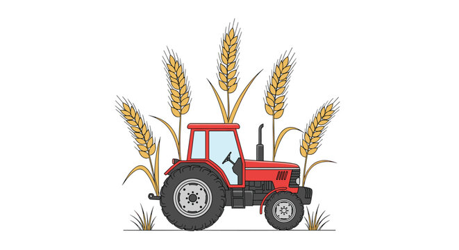 Red farm tractor stands proudly in front of tall stalks of golden wheat in a clean agricultural vector illustration.