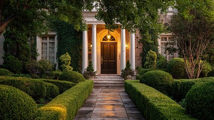 Fototapeta premium hedges. Classic house entrance with symmetrical columns and hedges, bathed in warm golden hour light. real-estate listings.