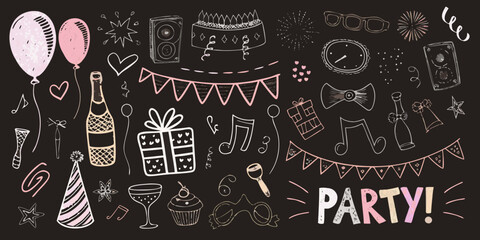 Party themed vector illustration with balloons champagne and celebratory elements © Gita