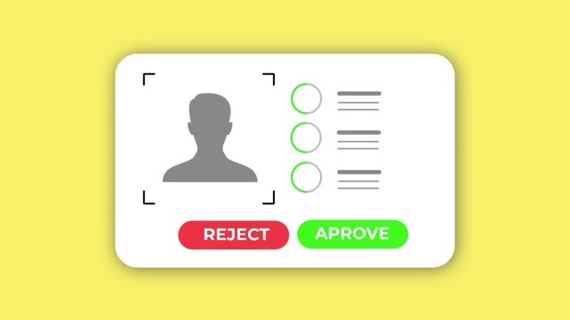 Identity Verification Approval Animation with User Profile Review Interface on yellow Background