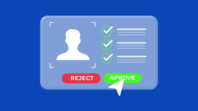 Identity Verification Approval Animation with User Profile Review Interface on Blue Background